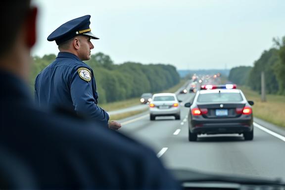 Policejní hlídka kontrolující vozidla na dálnici